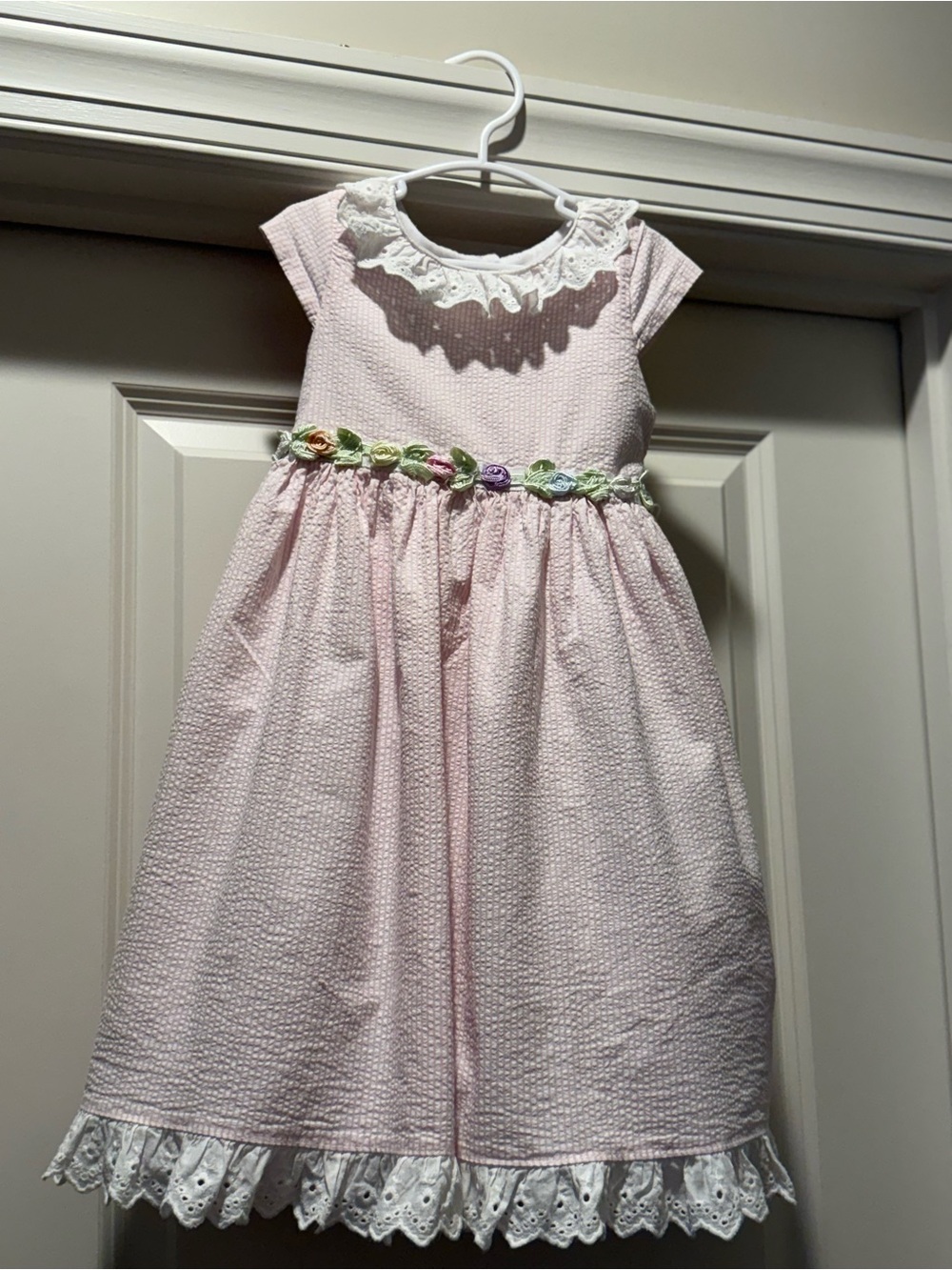 Laura Ashley Pink & White Pinstripe Dress with Floral Waist Sash with full slip